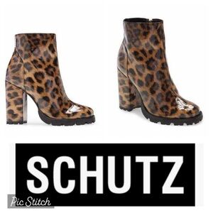 Schutz Women's Nandy High Block Heel Patent Leather Leopard Booties